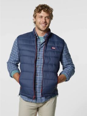 Johnnie-O Men's Hudson Puffer Vest Full 2-Way Zip Wake Blue Large Nylon Quilted